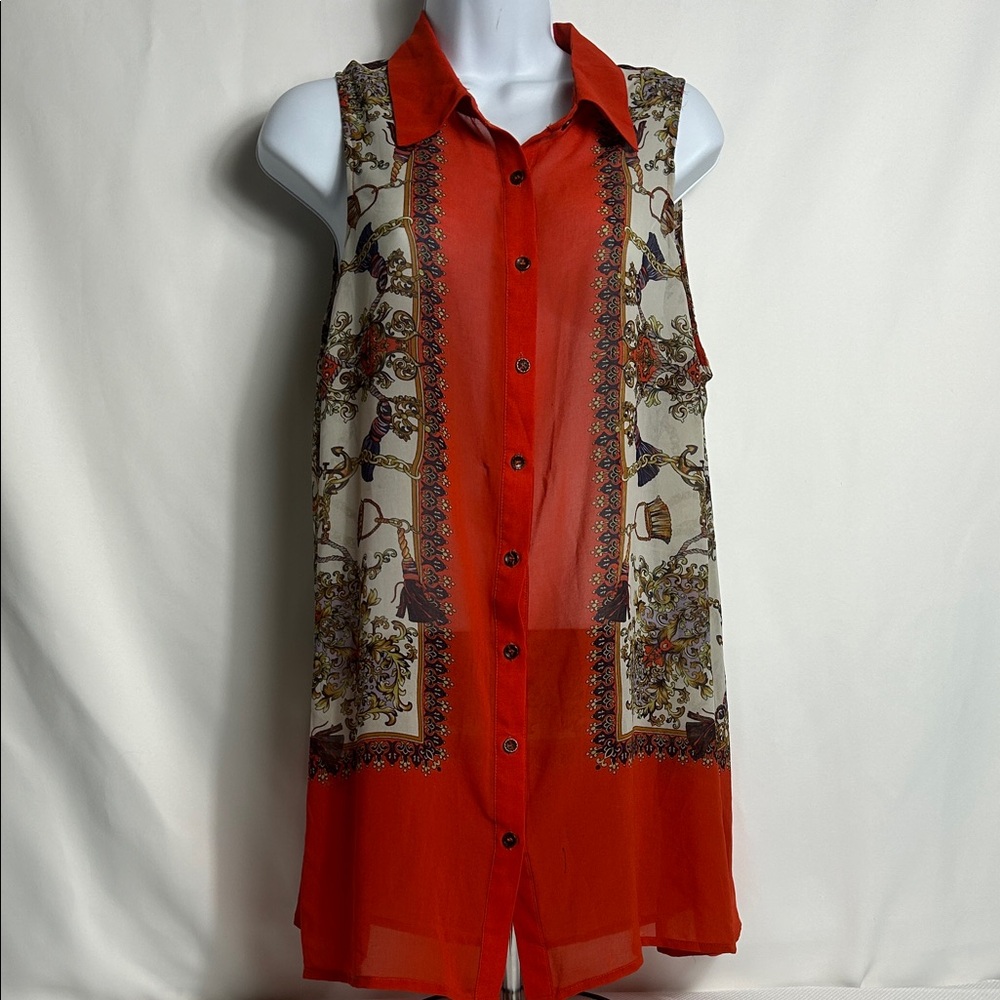 Forever 21 Plus Sizes XL Long Sheer Sleeveless Button Front Blouse Antique Clock